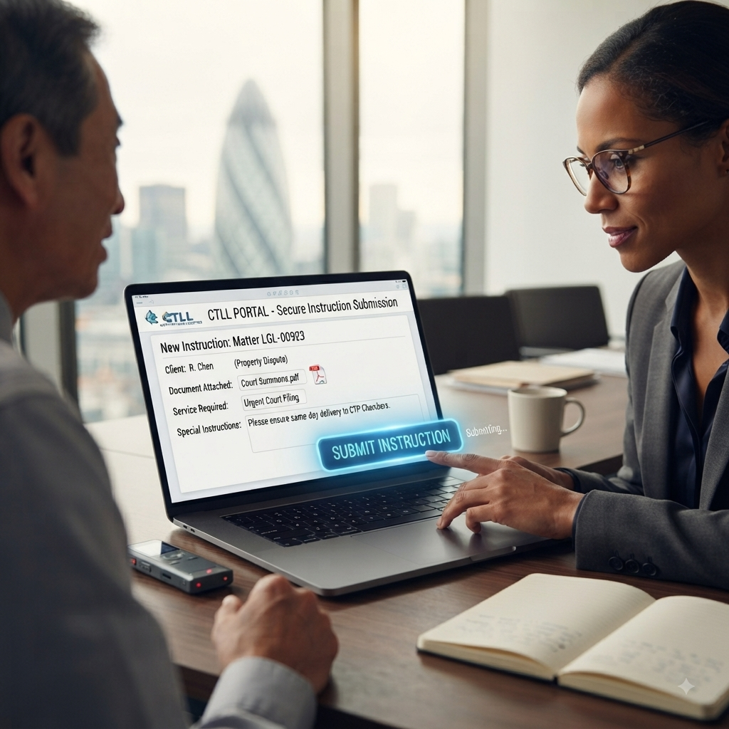 Attorney viewing real-time legal messenger dashboard on laptop